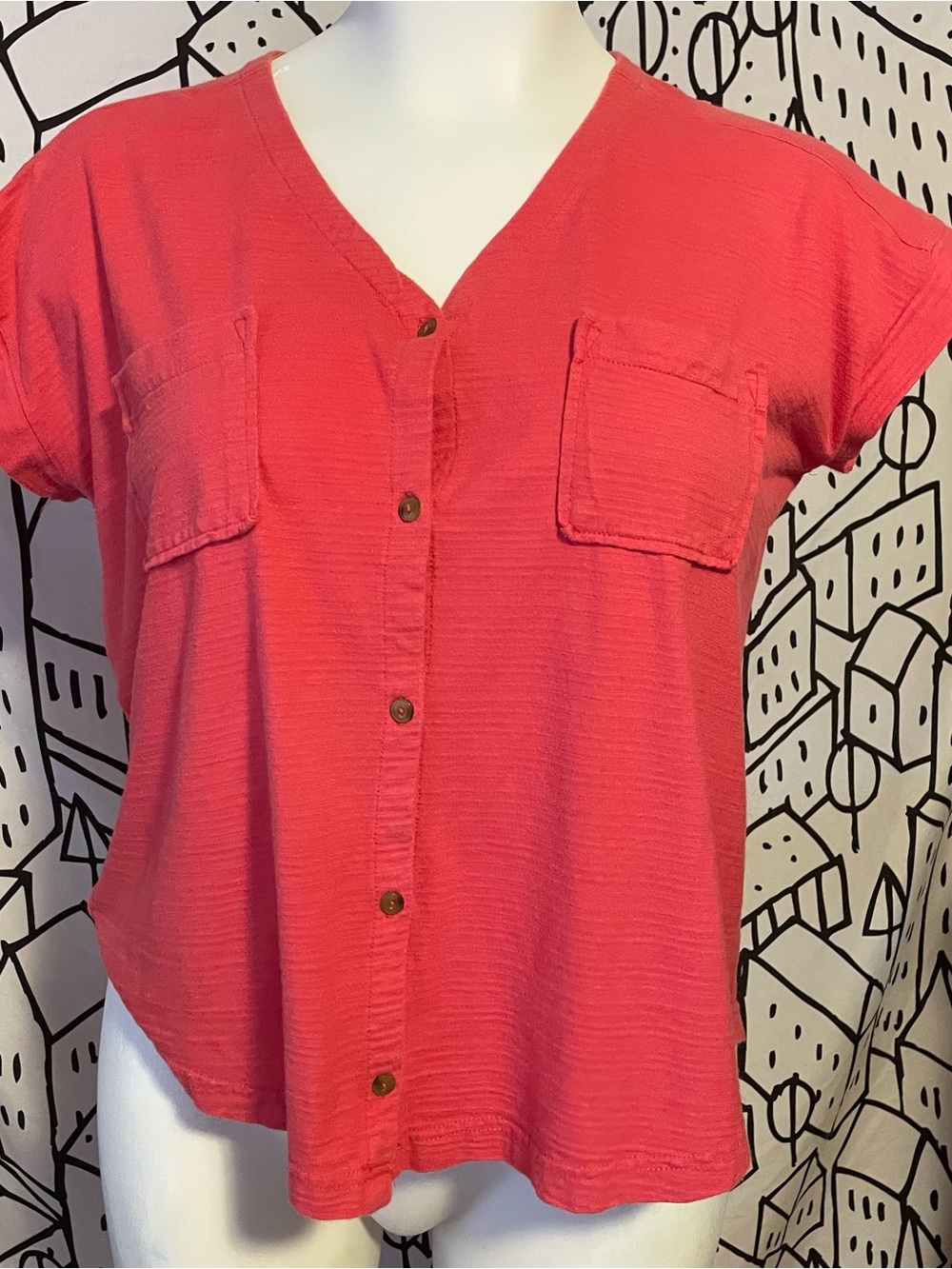 St. John's Bay Coral Button-Front Short Sleeve Top